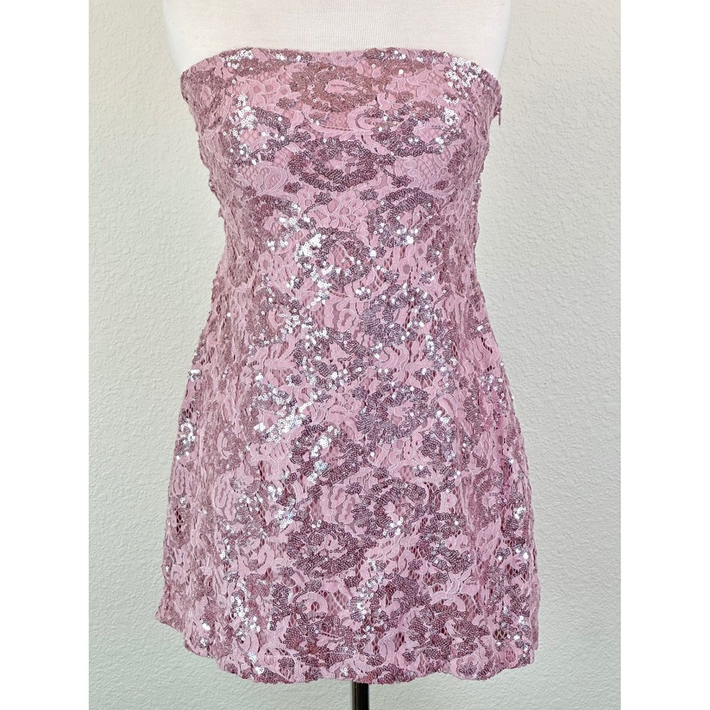 Free People Pink Sequin Lace Strapless Mini Dress Open Back Romantic Coquette M